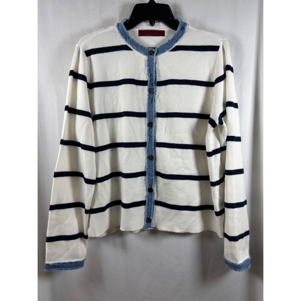 Love Scarlett Women‎ Navy White Striped Cardigan Frayed Denim Trim Size L